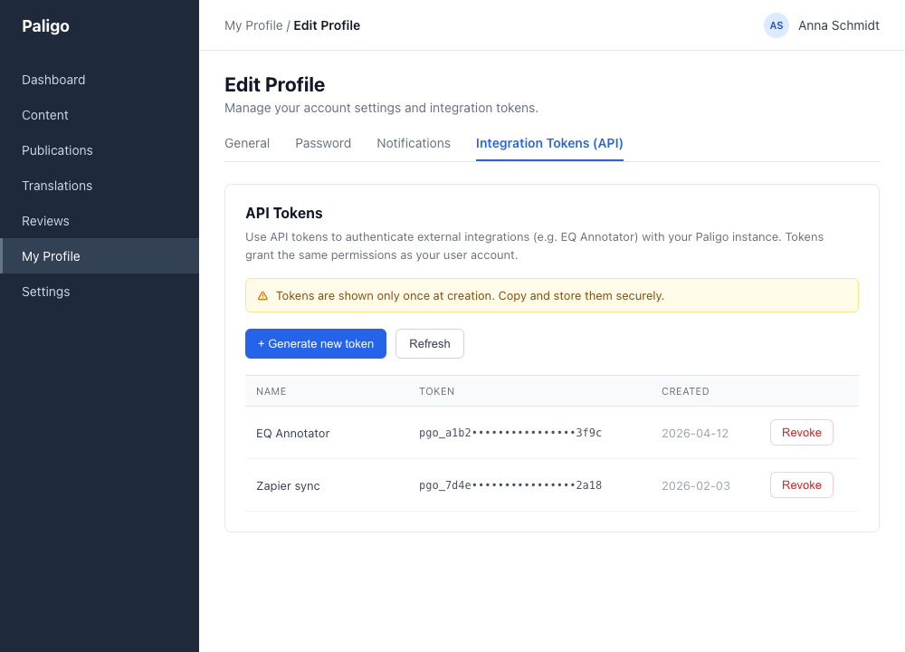 Paligo profile page showing the API key section