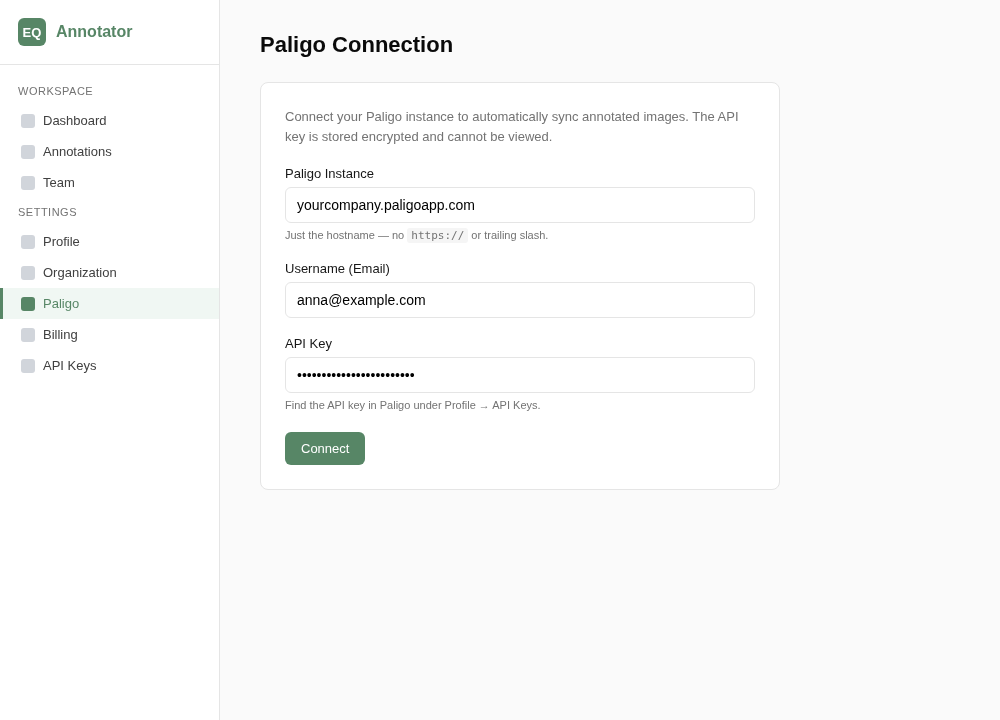 Paligo settings page showing instance, username, and API key fields