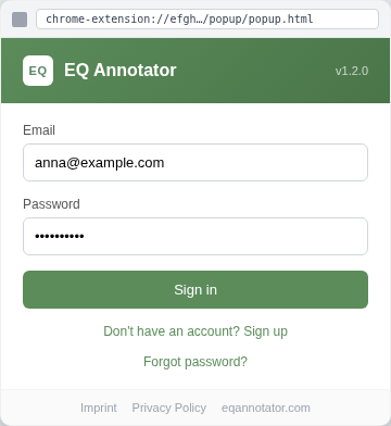 EQ Annotator Chrome extension popup with login form